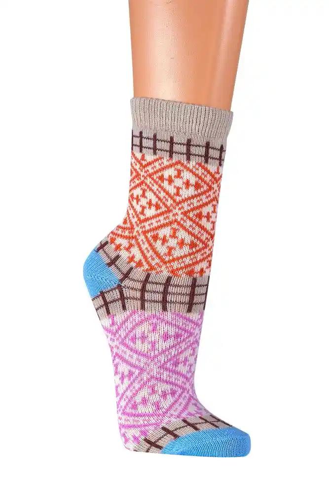 Bunte Norweger Socken mit traditionellem Hygge Muster, grau mit orange-rosa Rautenmuster und blauer Ferse, 90% Baumwolle, gemütliche Winterstrümpfe für Damen und Herren