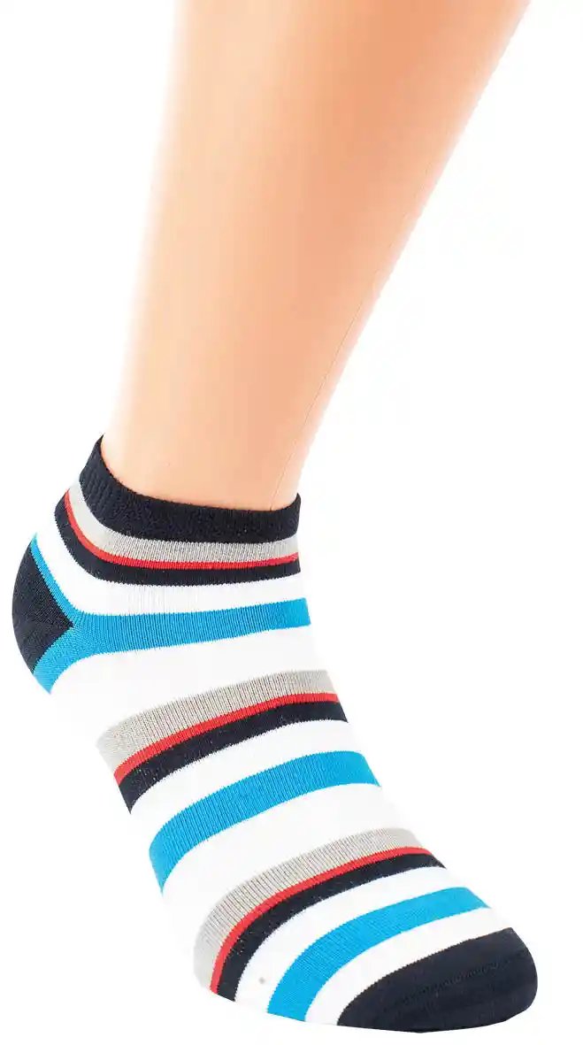 3 Paar Herren Bambus Viskose Sneakersocken bis Übergröße 54 in modernem Streifendesign mit blau, rot, grau und weißen Streifen, kurze Sockenform für Sneaker