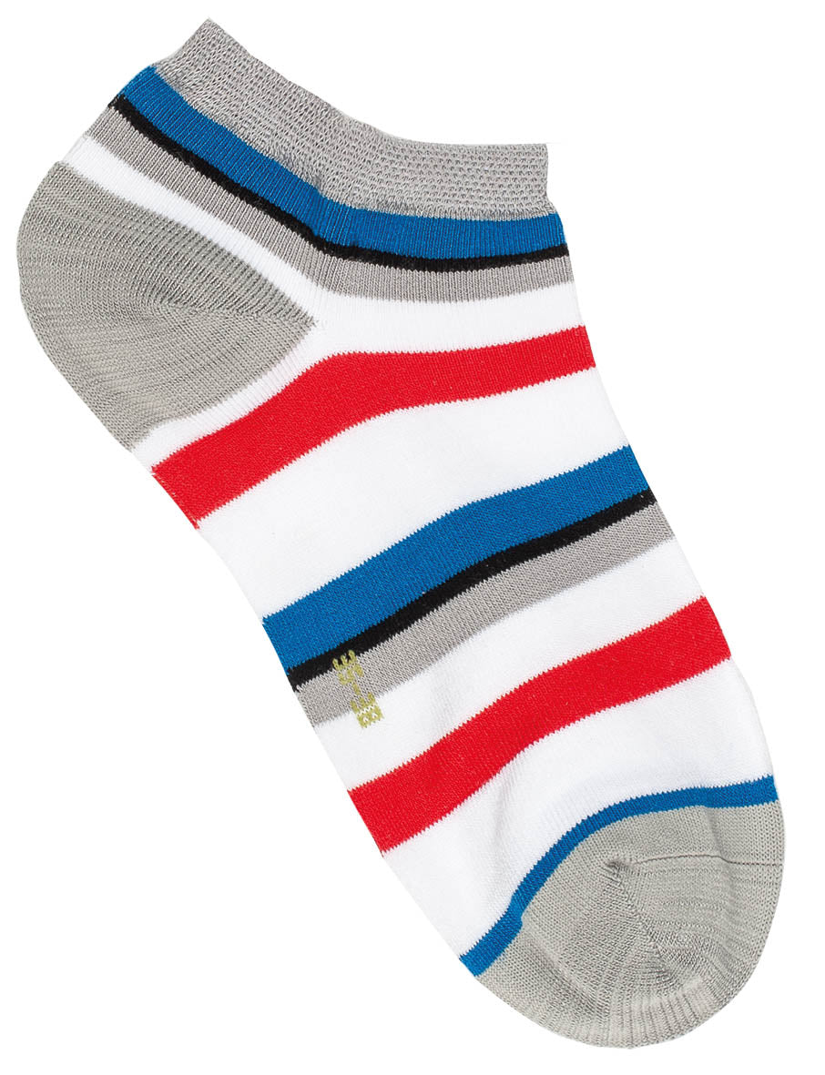 3 Paar Herren Bambus Viskose Sneakersocken bis Übergröße 54 in modernem Streifendesign mit blau-rot-grauen Streifen auf weißem Grund, kurze Knöchelsocken mit verstärkter Ferse und Zehenpartie