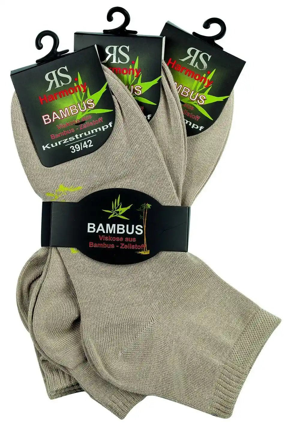 3-15 Paar beige Bambus Viskose Kurzschaftsocken verpackt in schwarzer Kartonage mit RS-Logo und Bambusblatt-Design, atmungsaktive Quartersocken aus Bambus-Zellstoff in Groesse 39-42