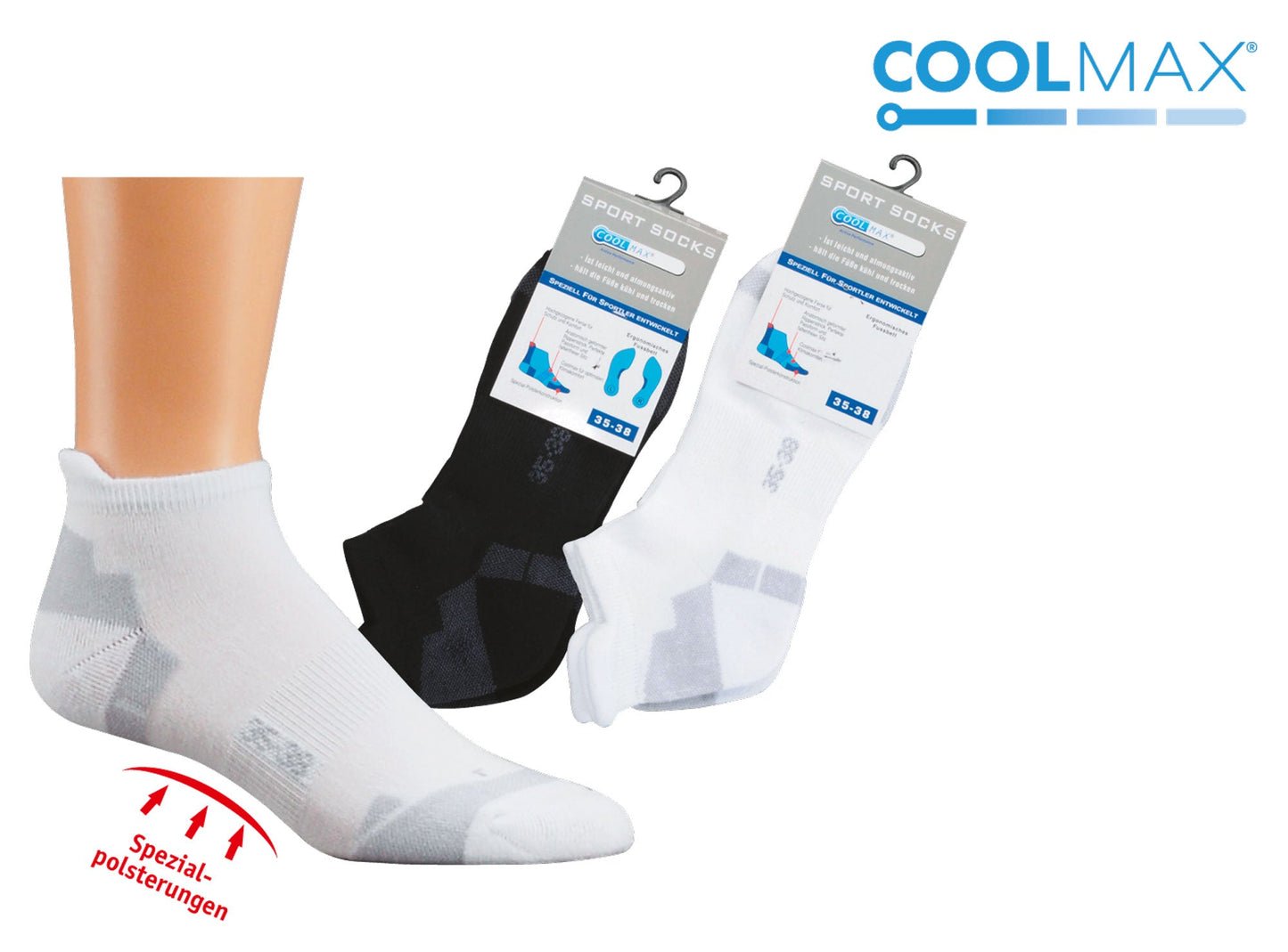 3-15 Paar Sport Sneaker Socken mit Coolmax® Damen Herren mit spezial Polstern