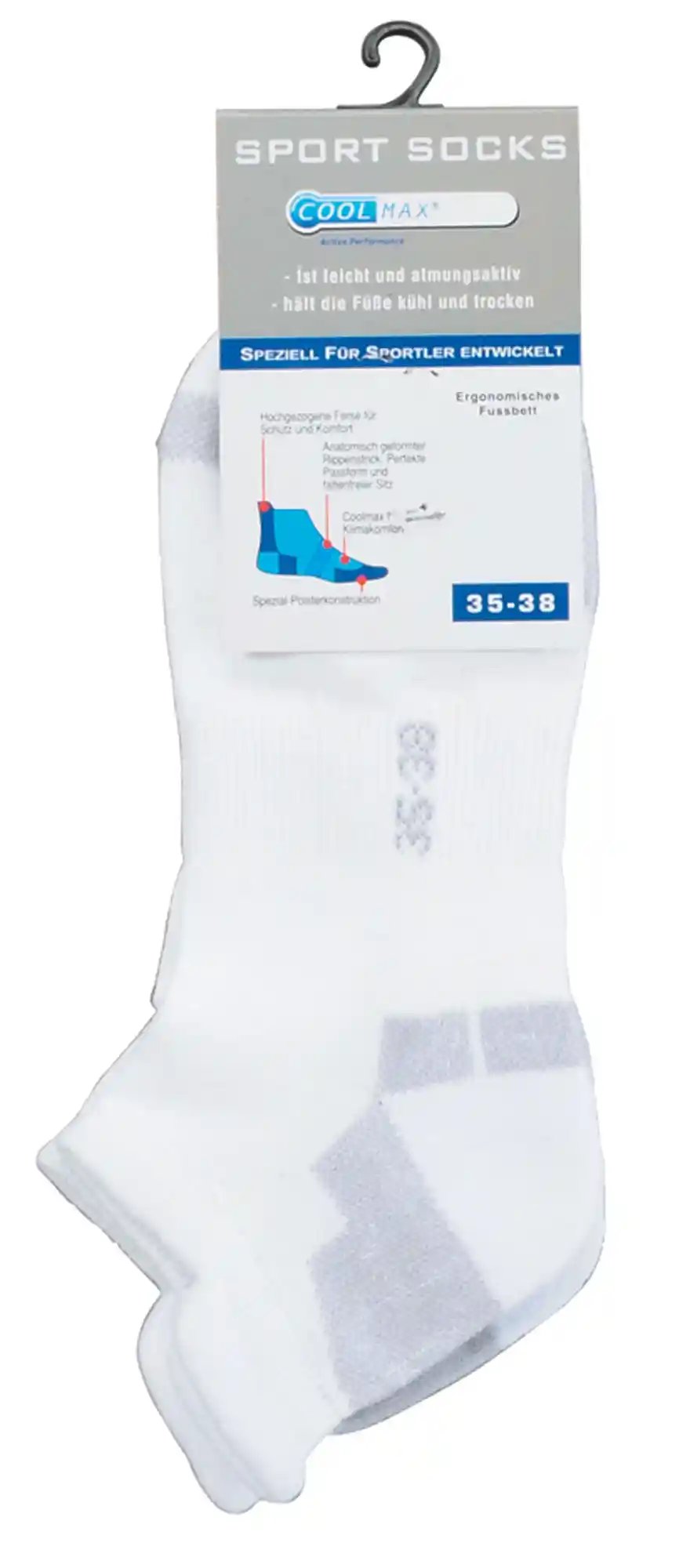 Sport Sneaker Socken mit Coolmax® und spezial Polstern sind hier im bündel zu sehen und in weiß.