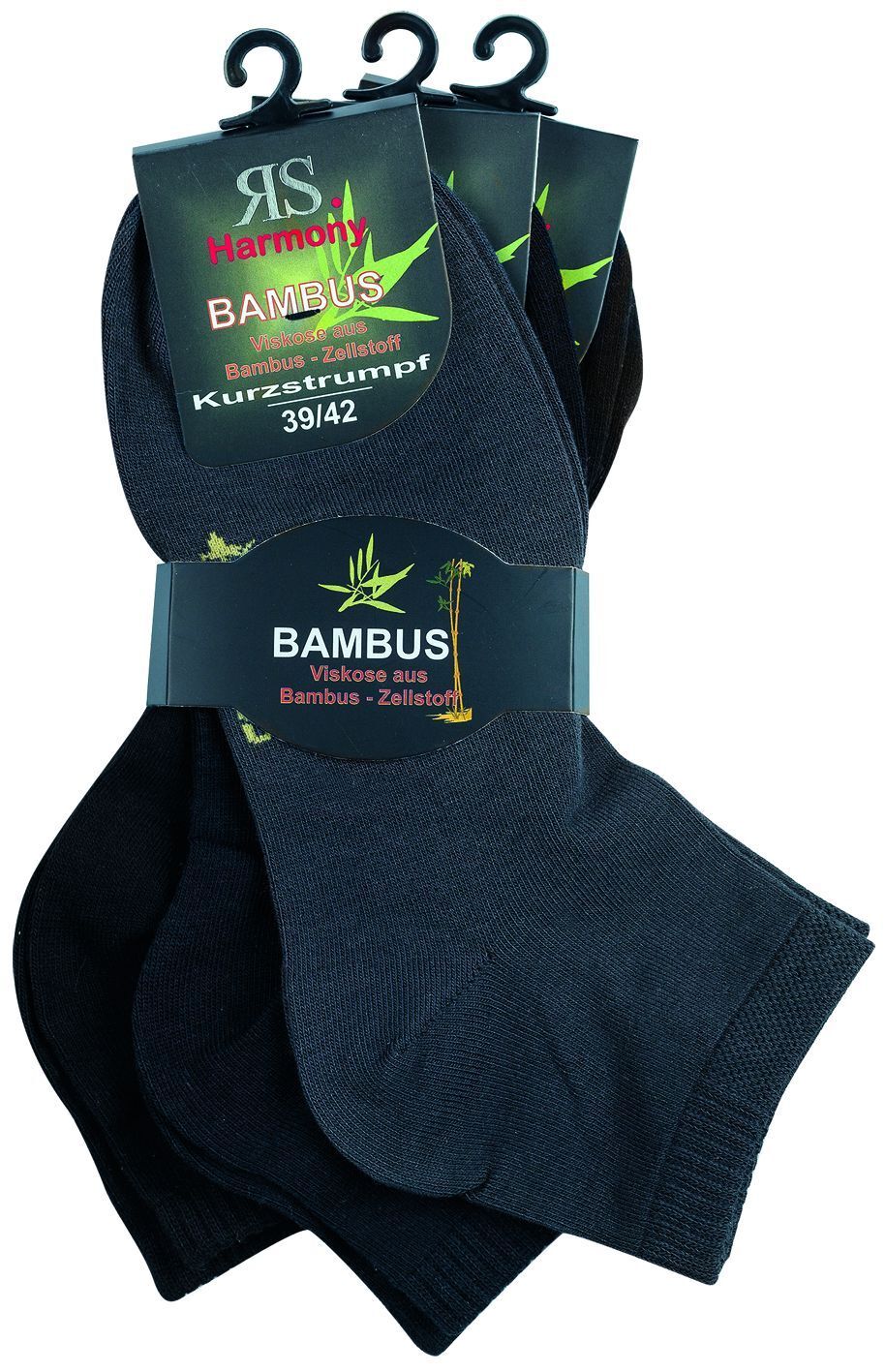 3-15 Paar Farbmix Bambus Viskose Kurzschaftsocken in schwarz mit Produktverpackung, Bambus-Logo und Groessenangabe 39/42, hochwertige Quarter-Socken aus Bambus-Viskose