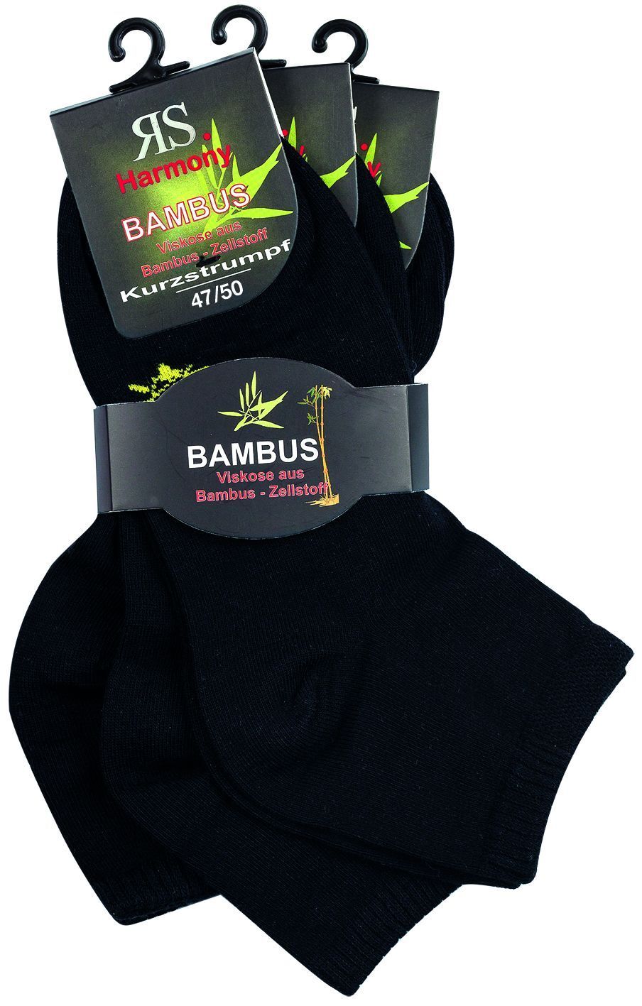 Schwarze Bambus Viskose Kurzschaftsocken in Übergroße 47/50 mit Produktverpackung, RS Harmony Bambus Serie, atmungsaktive Quartersocken mit Komfortrand