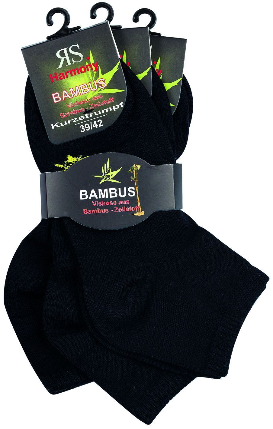 Schwarze Bambus Viskose Kurzschaftsocken mit Produktverpackung, mehrere Paar Quarter-Socken aus Bambus-Zellstoff in Groesse 39-42, atmungsaktiv und komfortabel