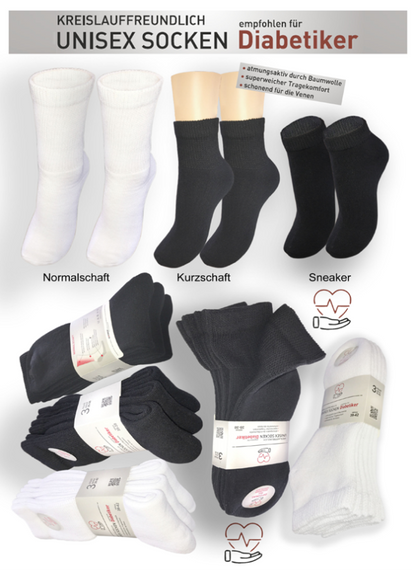 3 oder 6 Paar Diabetiker Sneakersocken in schwarz oder weiß - Produktübersicht verschiedener Sockenmodelle: Normalschaft, Kurzschaft und Sneaker-Varianten, kreislauffreundlich und druckfrei für sensible Füße, mit medizinischem Symbol gekennzeichnet