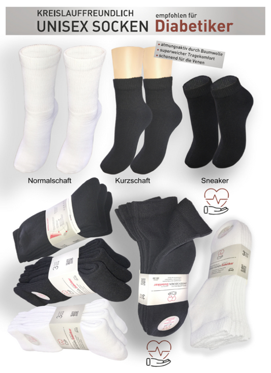 3 or 6 pairs of black or white sneaker socks designed for diabetics